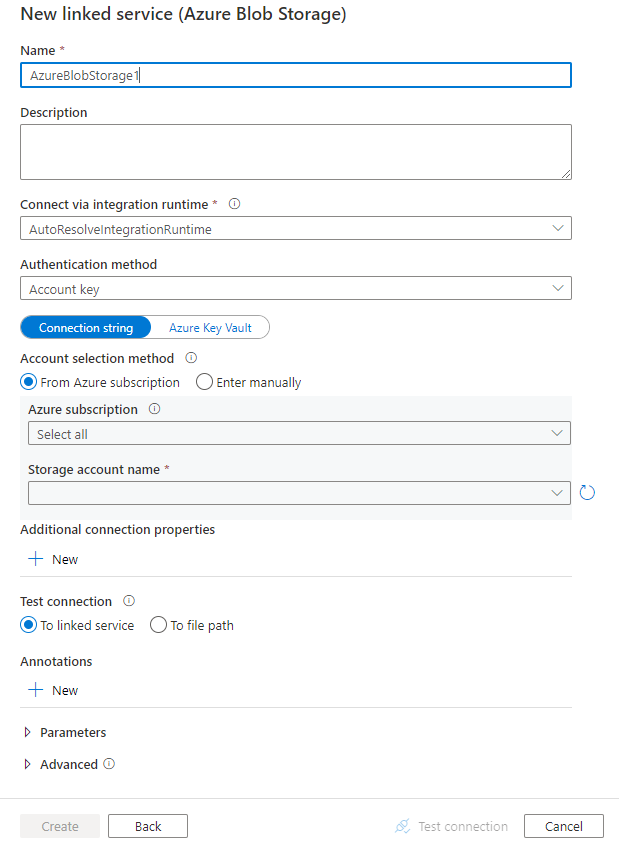 Azure Blob Storage 关联服务配置的截图。