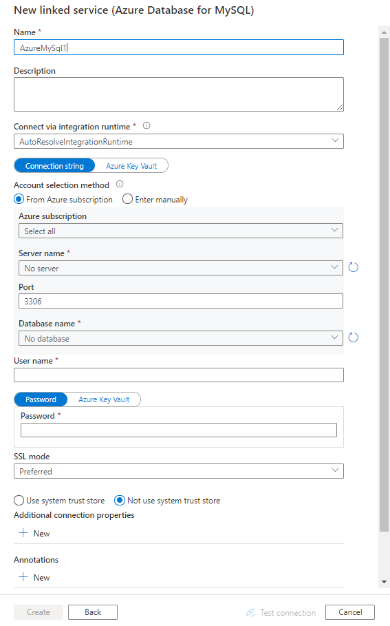 将链接服务配置为 Azure Database for MySQL.