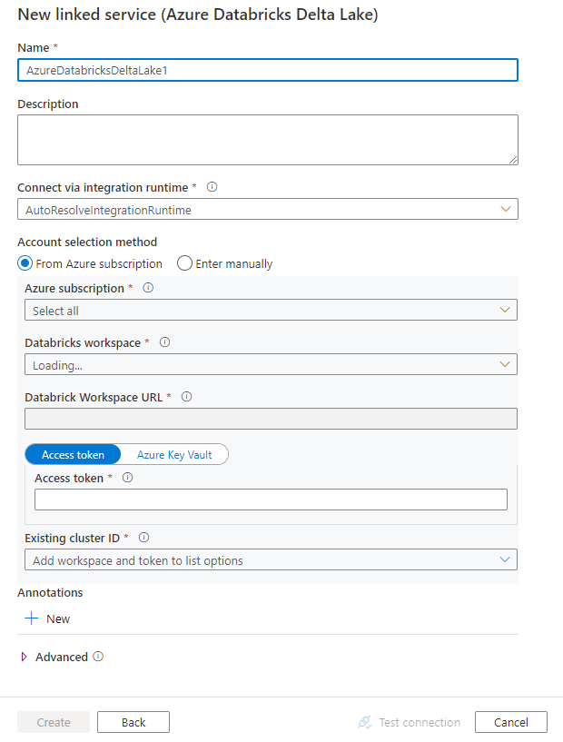 Azure Databricks Delta Lake 关联服务配置的截图。