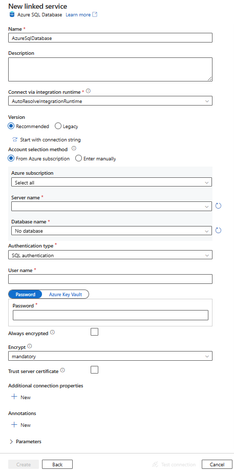 Azure SQL Database 连接服务的配置截图。