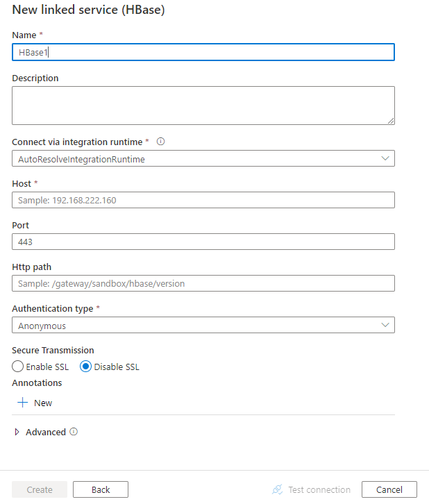 HBase 的链接服务配置的屏幕截图。