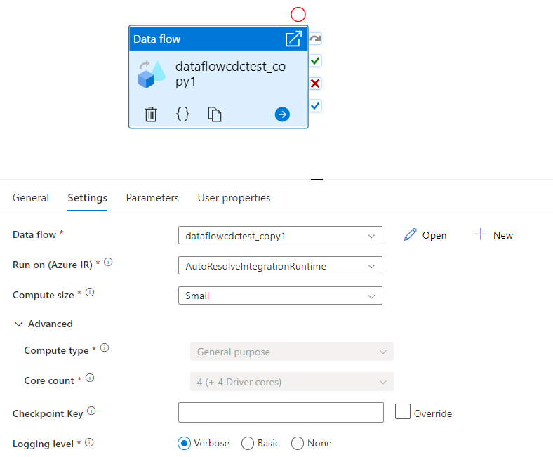 显示具有检查点键的Data Flow活动的UI