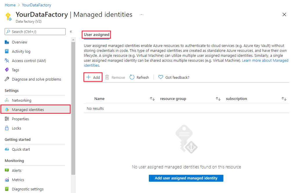 Screenshot 演示如何使用 Azure 门户关联用户分配的托管标识.