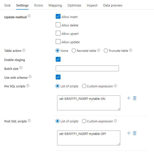 截图显示 Azure Synapse Analytics 数据流中 SQL 处理的前置和后置脚本。