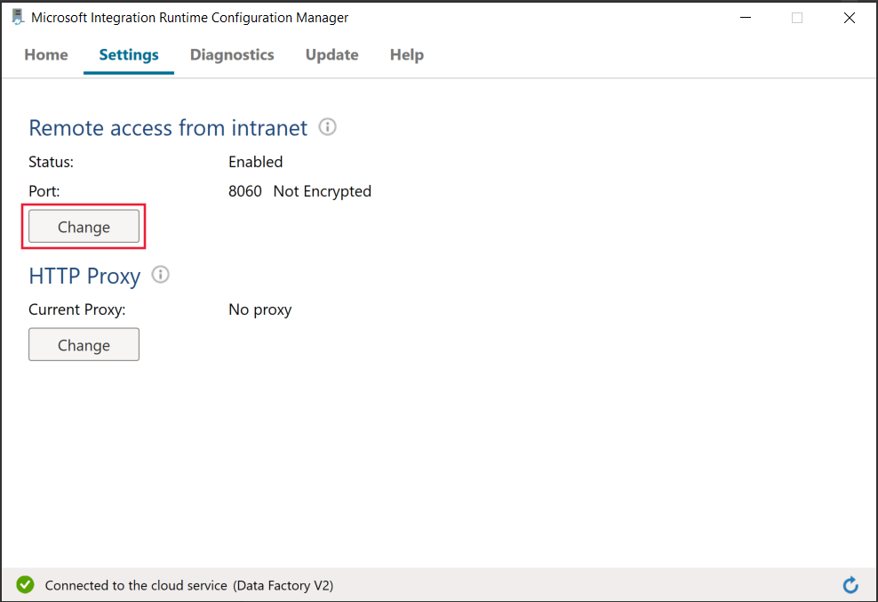 Integration Runtime Configuration Manager的“设置”选项卡