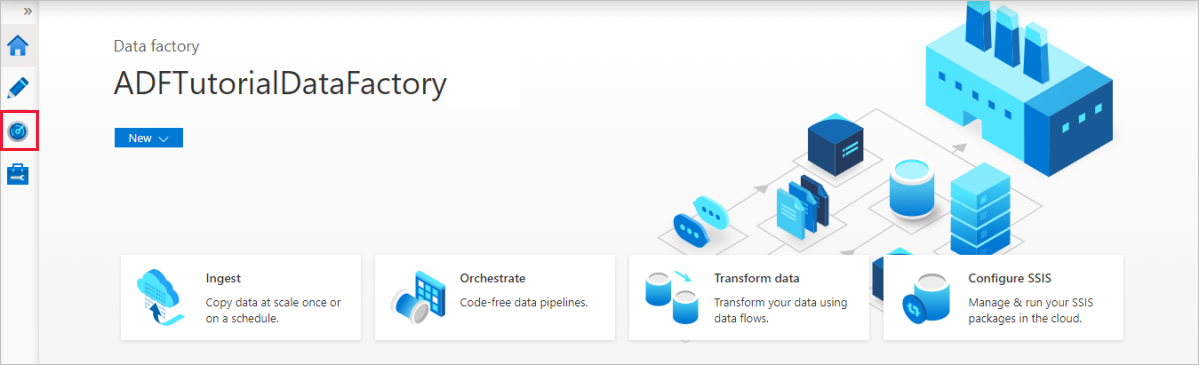 截图显示 Azure Data Factory 的主页。