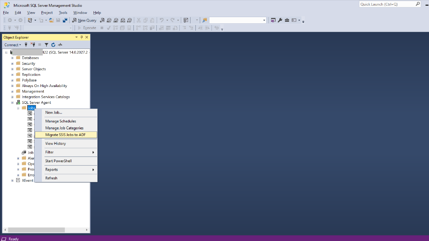 Screenshot 显示SQL Server Management Studio Object Explorer，可在其中选择“作业”，然后将 S S I S 作业迁移到 A D F.