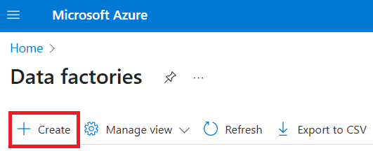 Azure 门户页面中用于数据工厂的“创建”按钮的截图