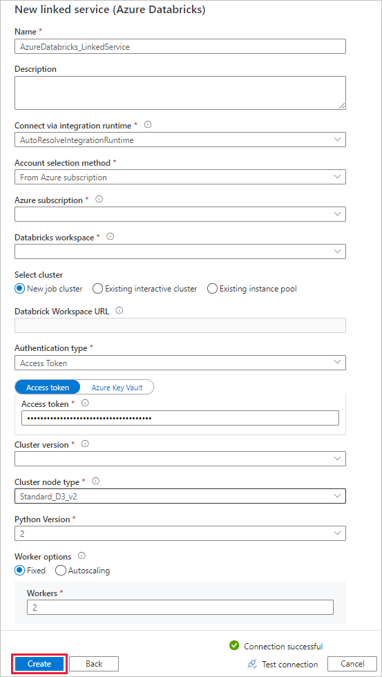 截图显示新 Azure Databricks 链接服务的配置。