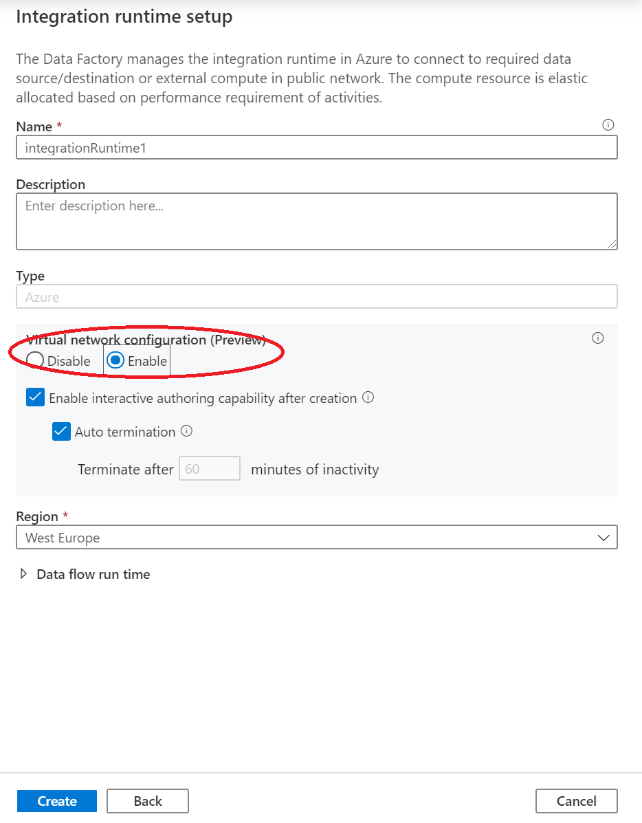 截图显示启用新的 Azure IR。