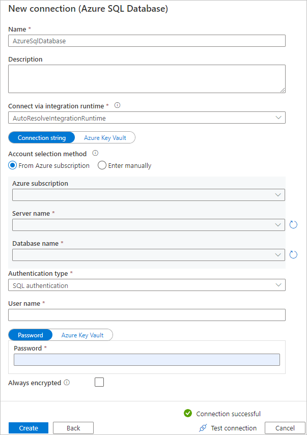 “配置 Azure SQL 数据库”页面的截图。