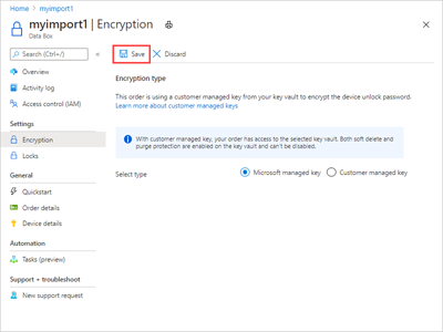 显示用于保存Microsoft托管密钥的更新加密设置的按钮位置的屏幕截图。