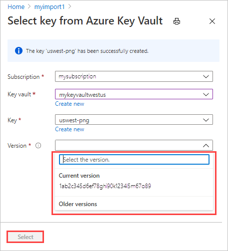 一张屏幕截图显示了在 Azure 密钥保管库 中选择键版本的操作。