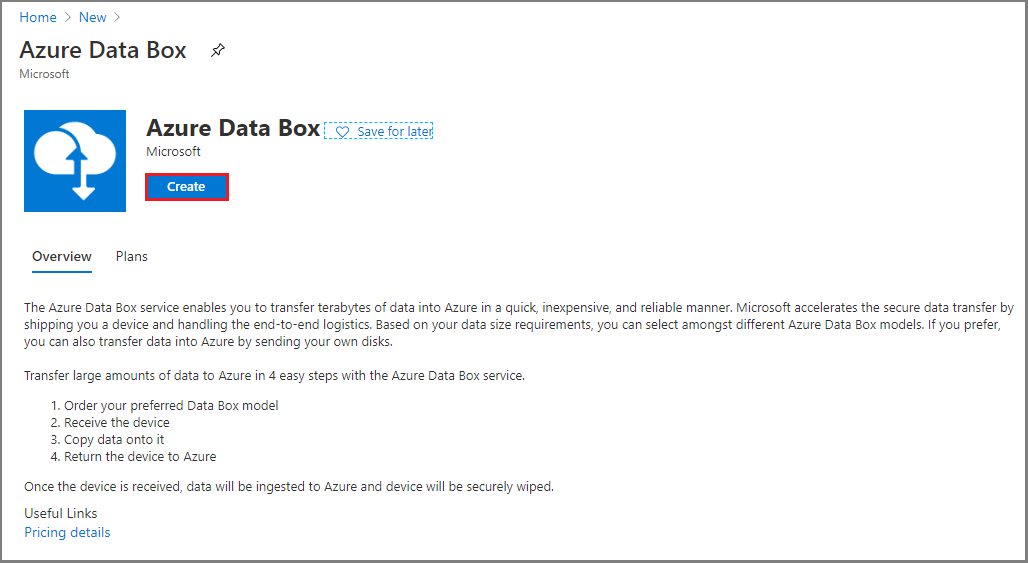 创建新 Azure Data Box 资源时“新建资源”页的屏幕截图。