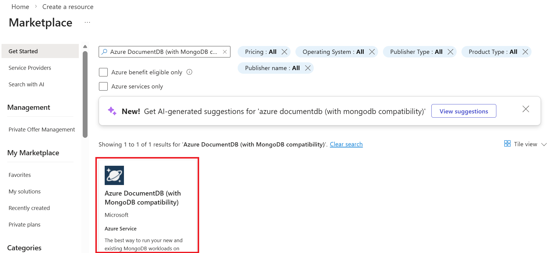 显示搜索 Azure DocumentDB 的屏幕截图。