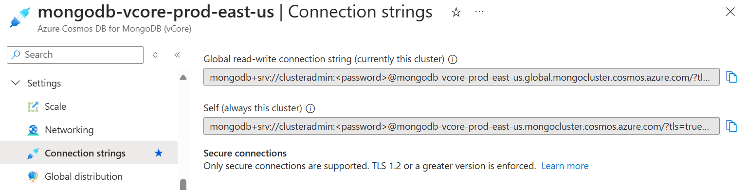 Azure DocumentDB 中的群集连接字符串的屏幕截图，包括全局读写连接字符串和自连接字符串。