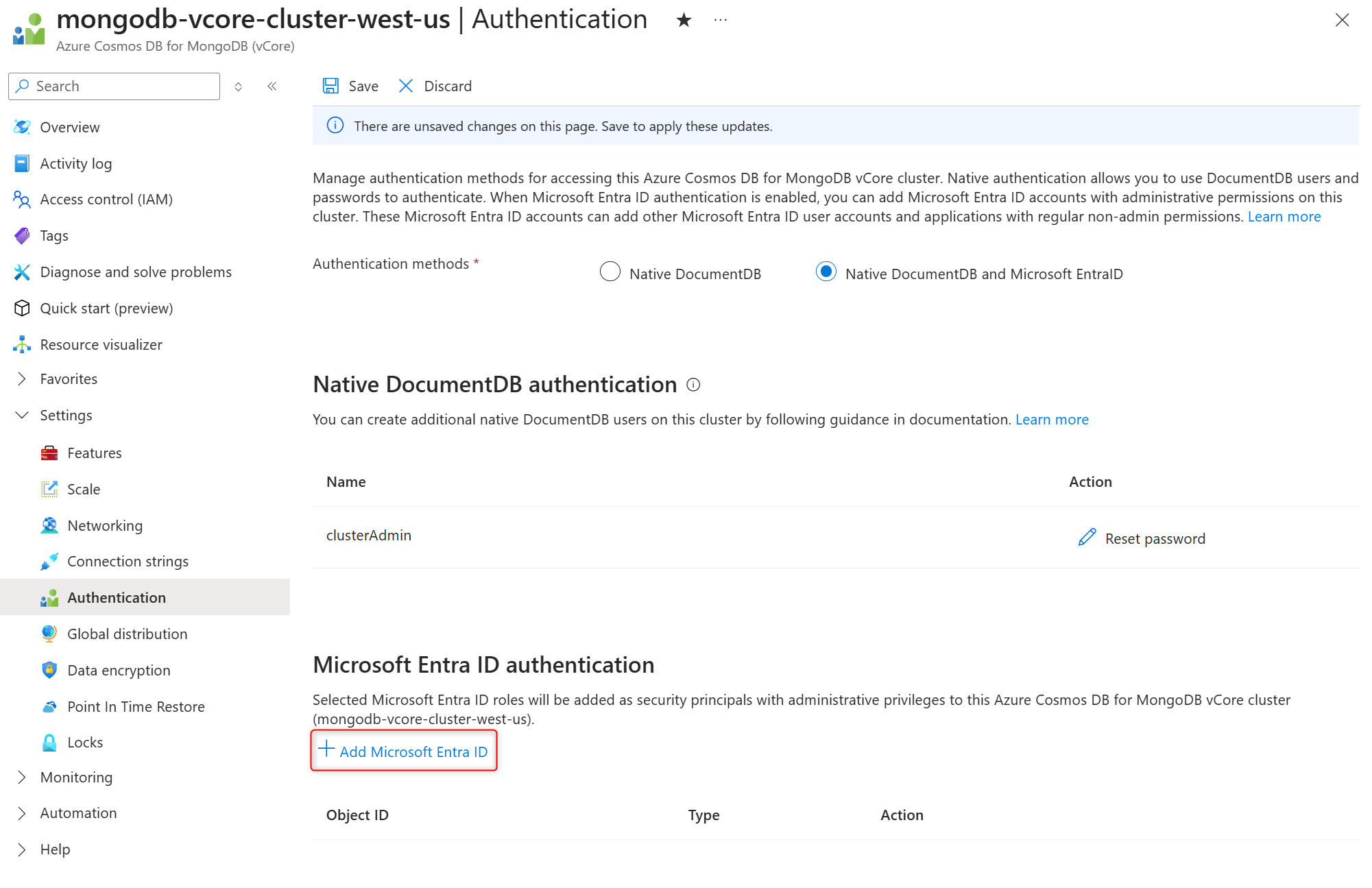 用于在 Azure 文档数据库集群中注册托管标识的截图。
