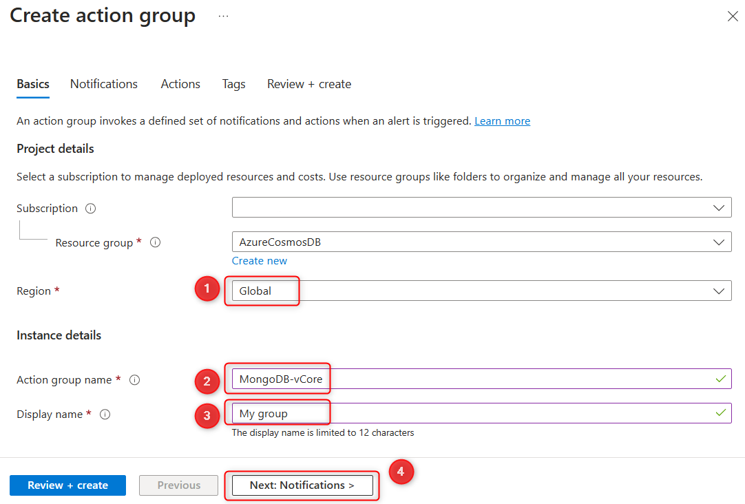 Azure 门户中操作组基本信息的屏幕截图。