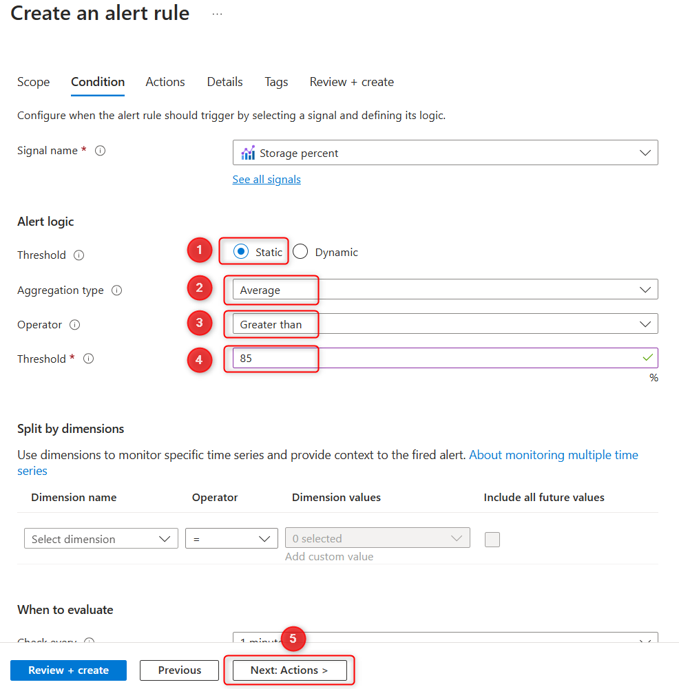 Azure 门户中选定指标的警报定义的屏幕截图。