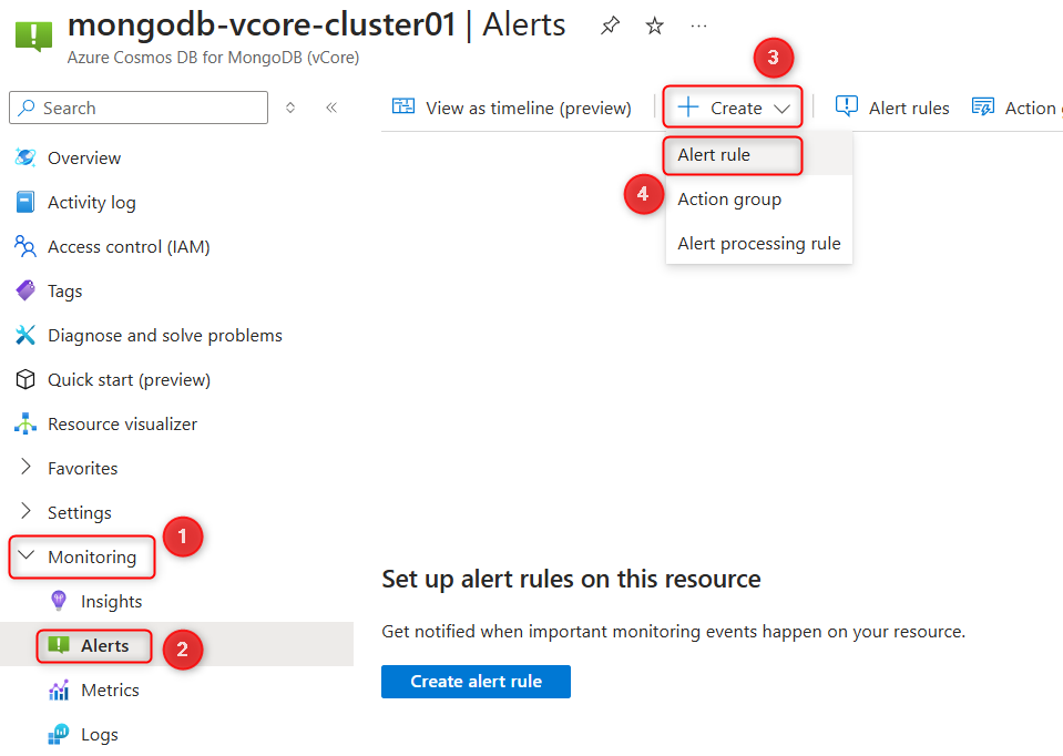 Azure 门户中 Azure DocumentDB 中的警报规则创建页的屏幕截图。