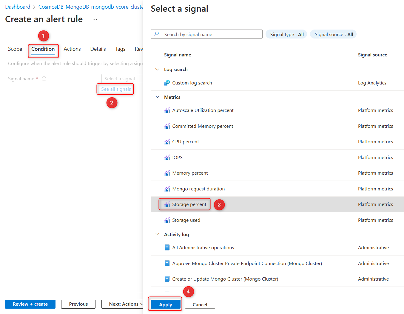 Azure 门户中，选择了一个指标的警报条件选择面板的屏幕截图。