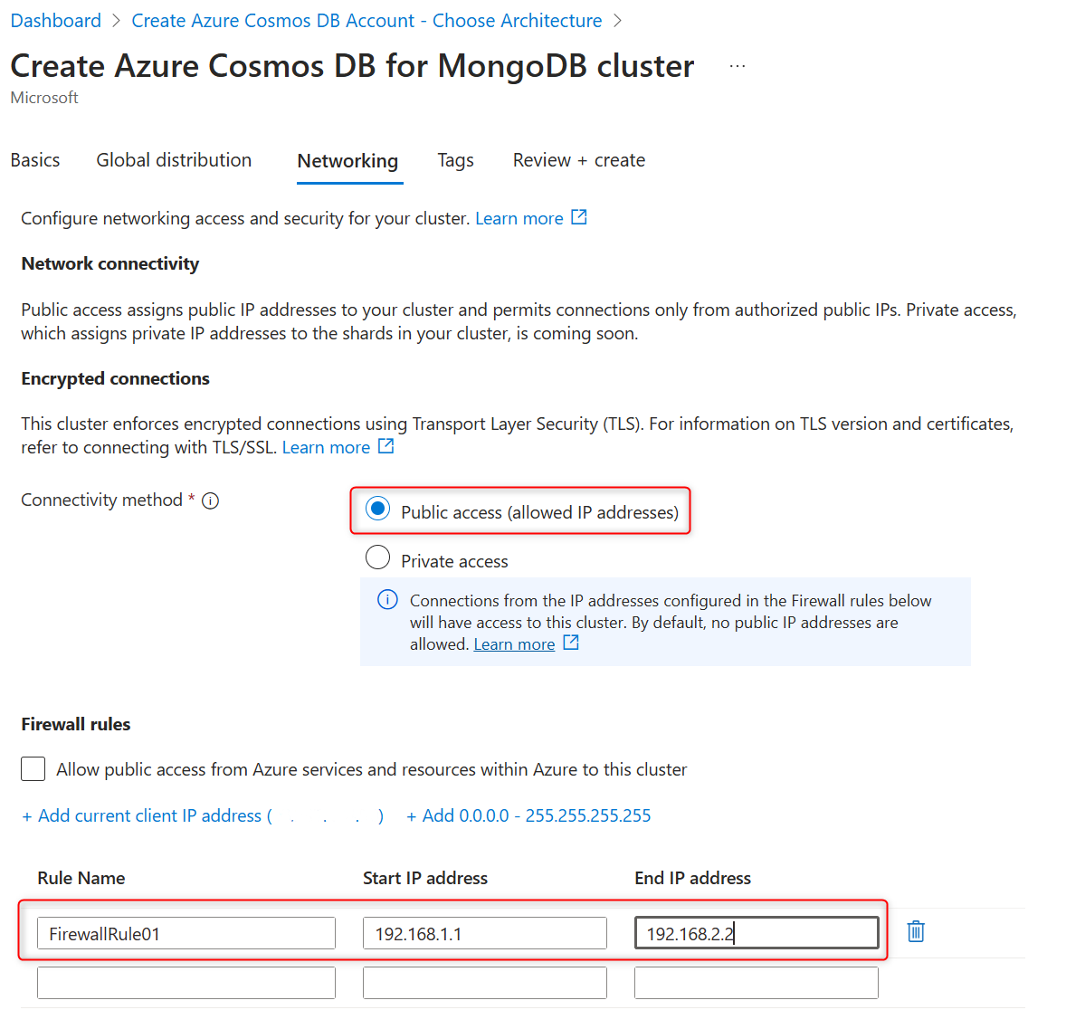创建新的 Azure DocumentDB 群集期间添加防火墙规则的屏幕截图。