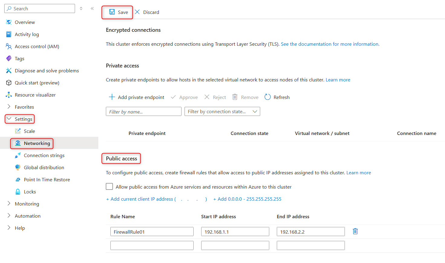 Azure DocumentDB 群集上的防火墙规则设置管理的屏幕截图。