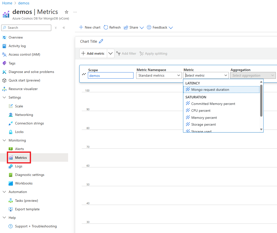 Azure DocumentDB 中指标边栏选项卡的屏幕截图。