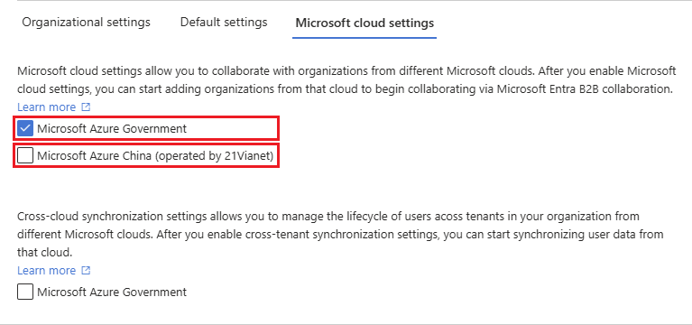 Microsoft 云设置页，其中选择了外部云选项。