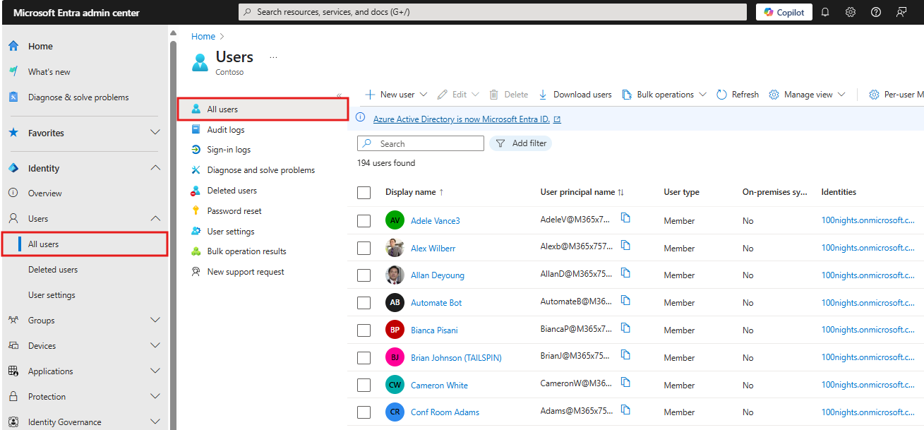 Microsoft Entra ID 中所有用户页面的屏幕截图。