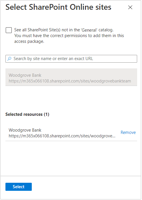 Access 包 - 添加资源角色 - 选择 SharePoint Online 站点