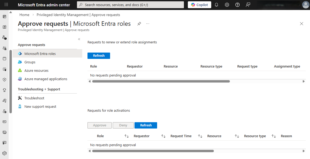 “批准请求”页的截图，显示查看 Microsoft Entra 角色的请求。
