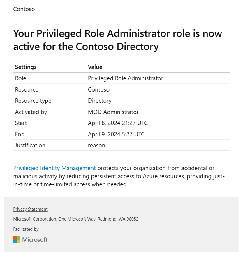 显示 Microsoft Entra 角色的新特权身份管理电子邮件的屏幕截图。