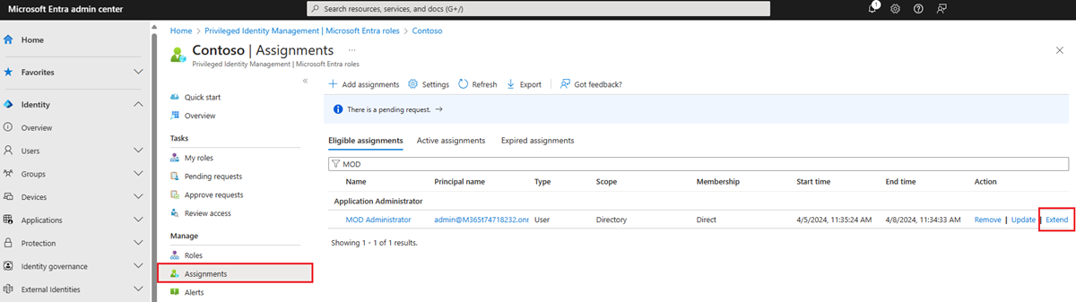 Screenshot 显示 Microsoft Entra 角色 - 分配页列出了合格角色，并带有延长链接。