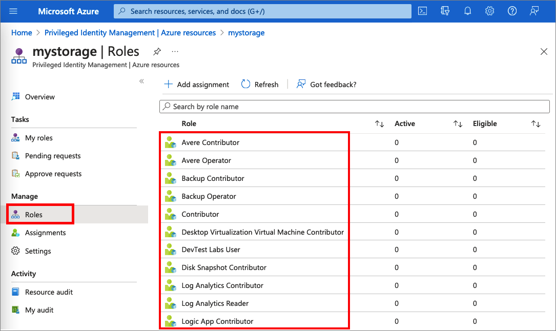显示 Azure 存储帐户角色的截图。