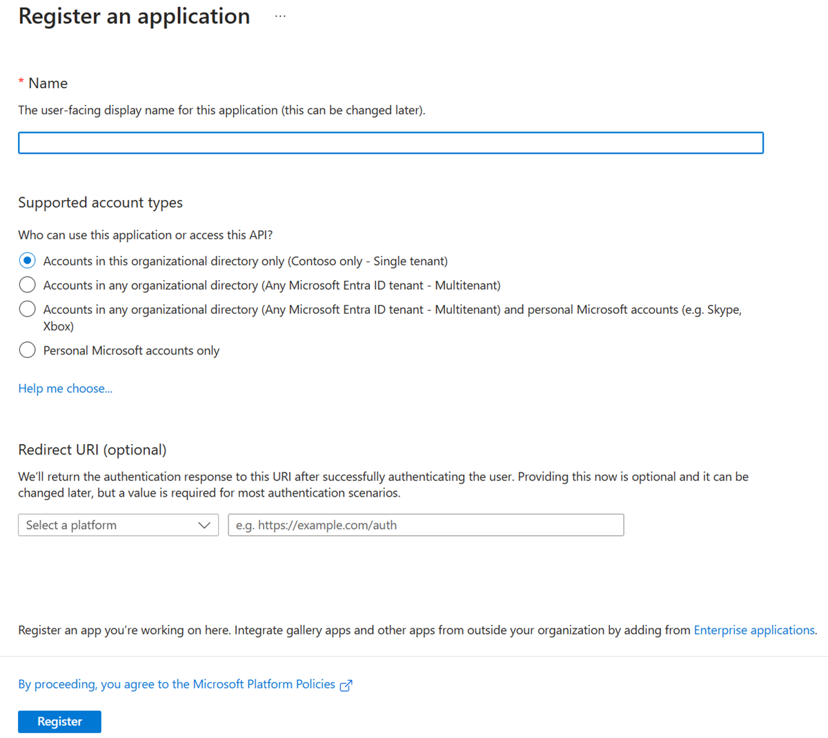 截图显示 Microsoft Entra 管理中心中的应用注册创建页面。