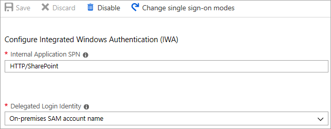 “配置集成Windows身份验证”对话框的Screenshot，其中显示 SPN 设置为 HTTP/SharePoint，并将委派登录标识设置为本地 SAM 帐户名称.