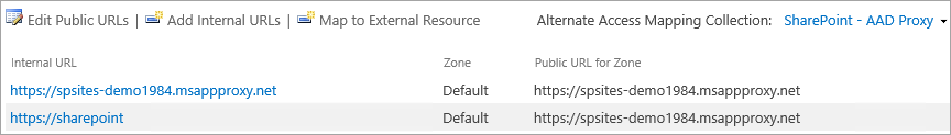备用访问映射页面的截图，显示了 SharePoint Web 应用程序在默认区域中的内部和公共 URL。
