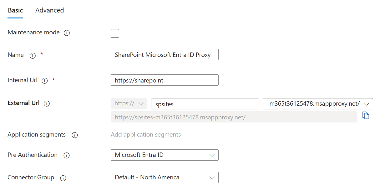Microsoft Entra 应用程序代理设置的截图，显示字段包括名称、内部 URL、外部 URL，和将预身份验证设置为 Microsoft Entra ID。