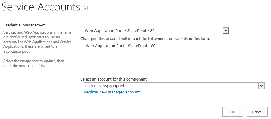 用于服务帐户选择的对话框截图，包含 Web 应用程序池 - SharePoint 80 和域帐户下拉列表。