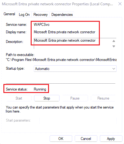 截图，显示Microsoft Entra专用网络连接器状态为运行中。