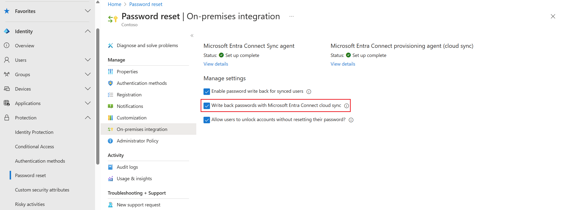  启用密码写回功能后的 Microsoft Entra ID 到本地集成的截图。
