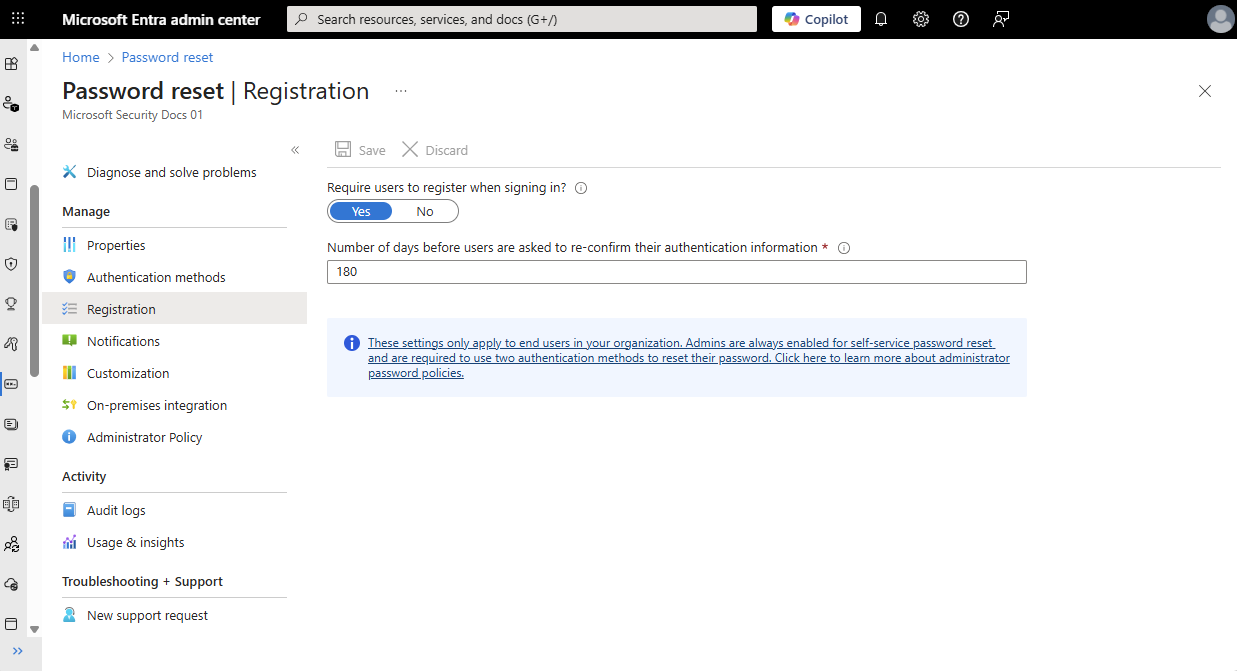 Microsoft Entra ID 密码重置注册的截图。