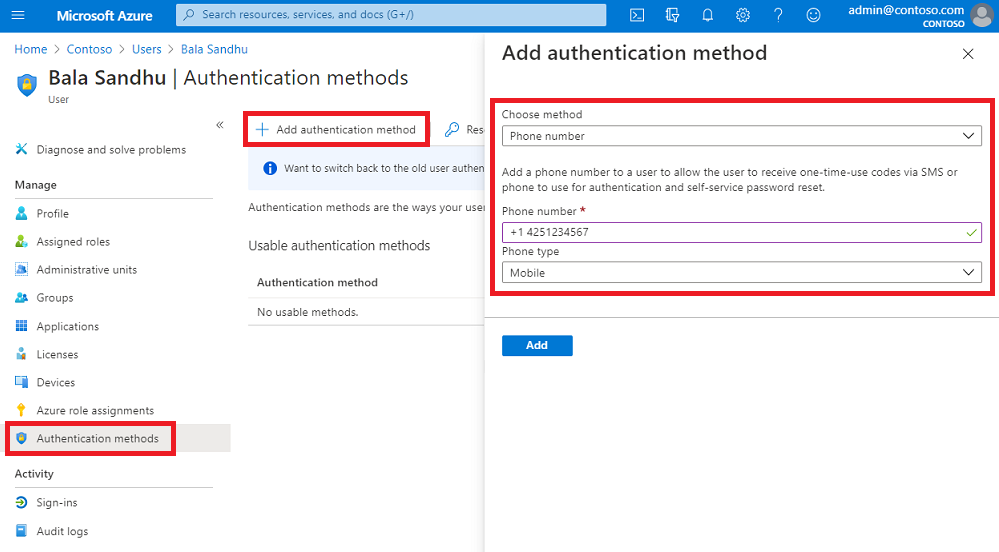 为Microsoft Entra 管理中心中的用户设置电话号码以用于基于短信的身份验证