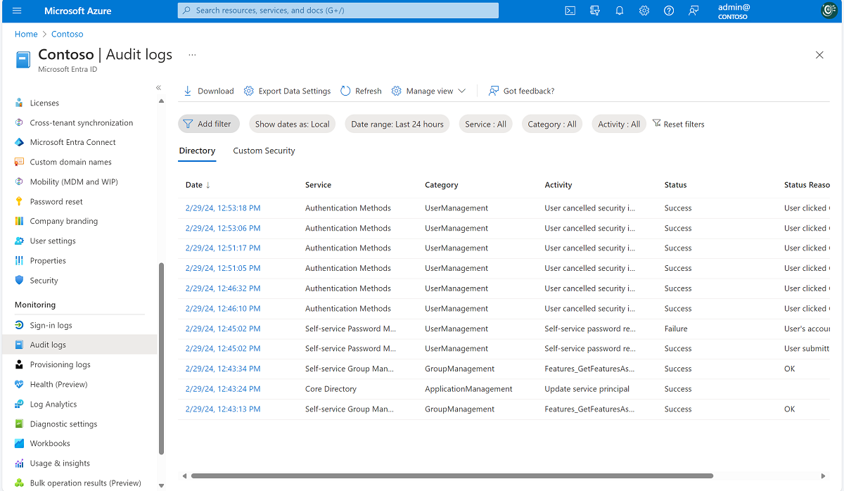 显示注册事件的 Microsoft Entra 审核日志界面