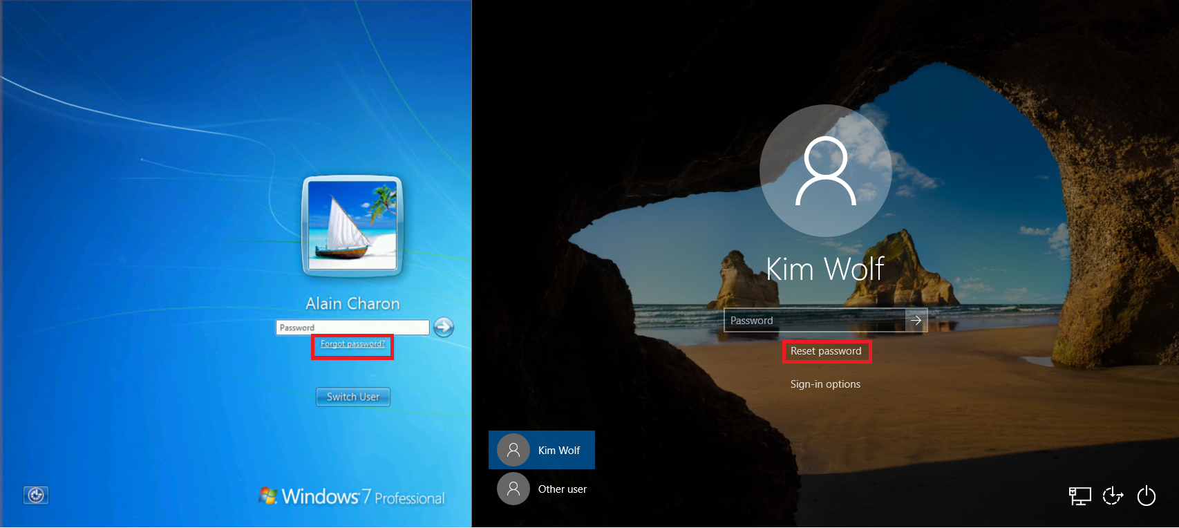 显示带有 SSPR 链接的 Windows 登录屏幕示例的屏幕截图。