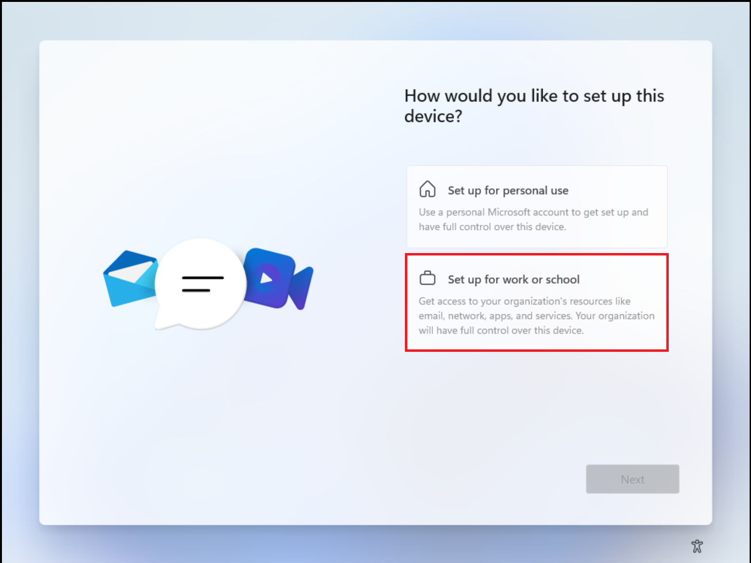 Windows 11 现装体验的屏幕截图，其中显示了为工作或学校设置的选项。
