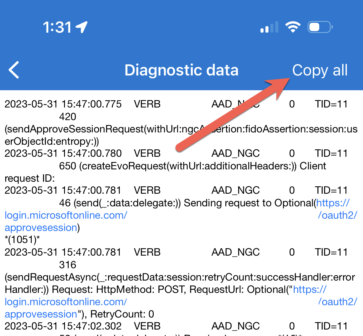 显示 Microsoft Authenticator 应用中的“复制所有日志”选项的屏幕截图。