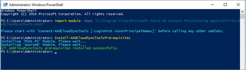 PowerShell 窗口中显示先决条件已成功安装的通知的屏幕截图。