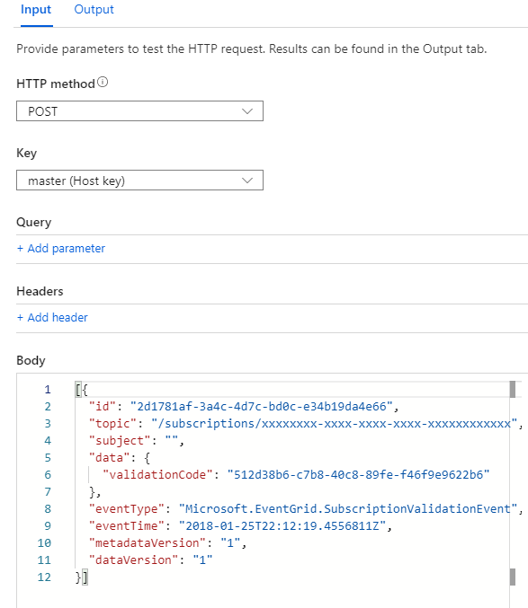 Azure 函数测试字段中事件网格验证请求 JSON 的截图。